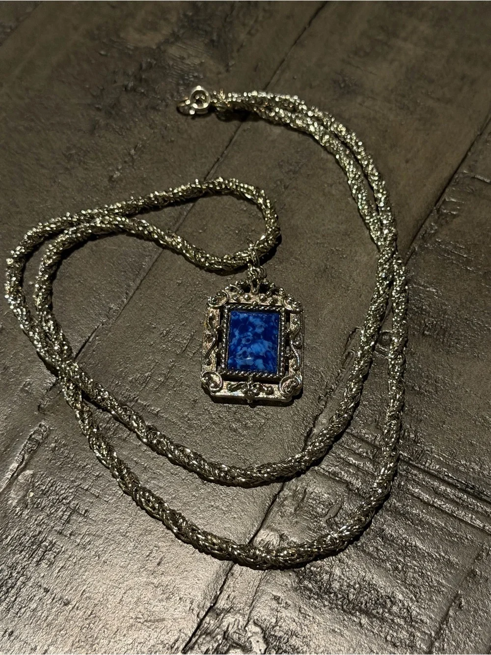 Silver-Tone Vintage Necklace with Reversible Blue Stone/Cross Pendant